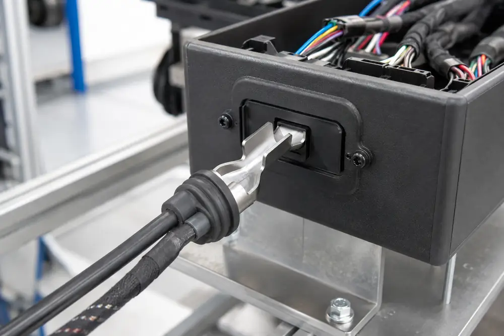 ZUCH automotive connector installed in a clean harness breakout enclosure
