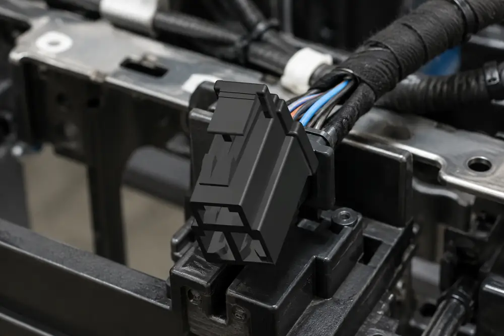 ZUCH automotive connector installed in a harness fixture in a wiring assembly cell
