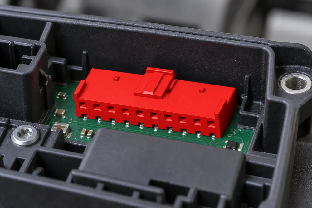 ZUCH 10 pin automotive connector mounted inside a vehicle electronics enclosure