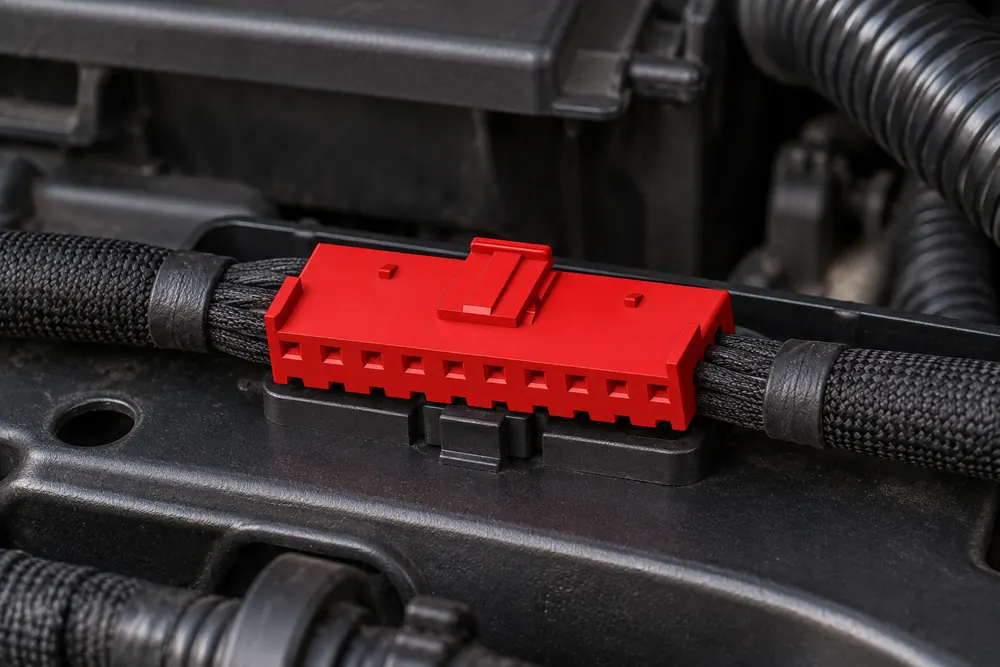 ZUCH 10 pin automotive connector positioned with orderly harness routing in a vehicle electronics bay