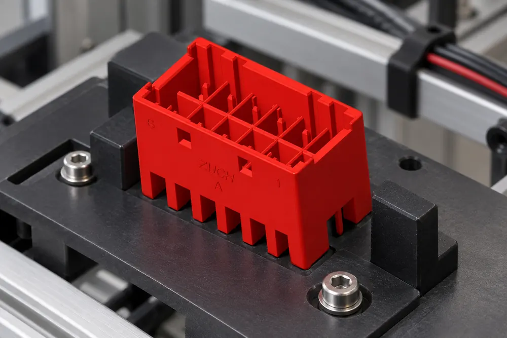 ZUCH 12 pin automotive connector positioned on a clean fixture for fit and cavity inspection