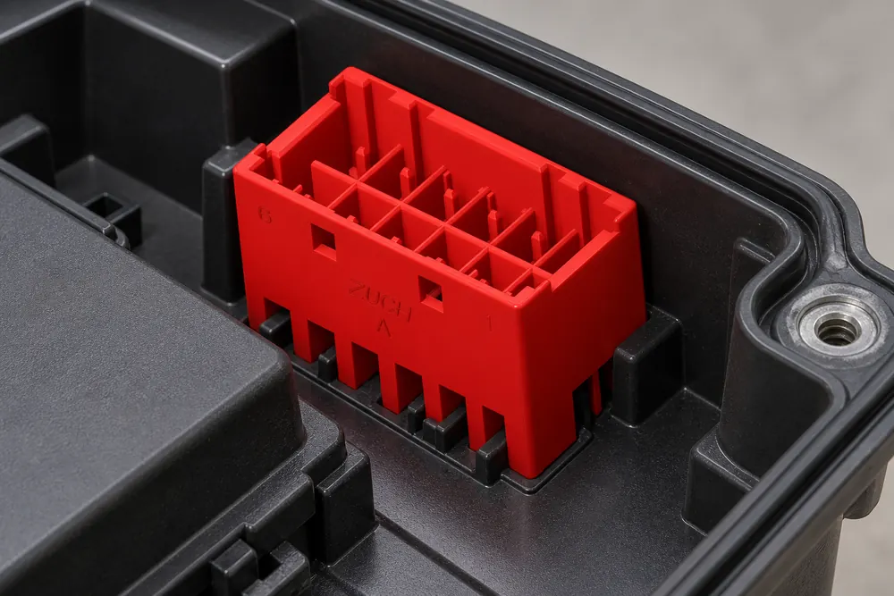 ZUCH 12 pin automotive connector seated in a protected vehicle electronics enclosure