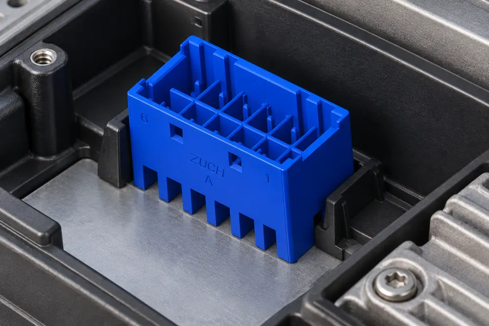 ZUCH 14 pin automotive connector seated on a vehicle electronics mounting plate