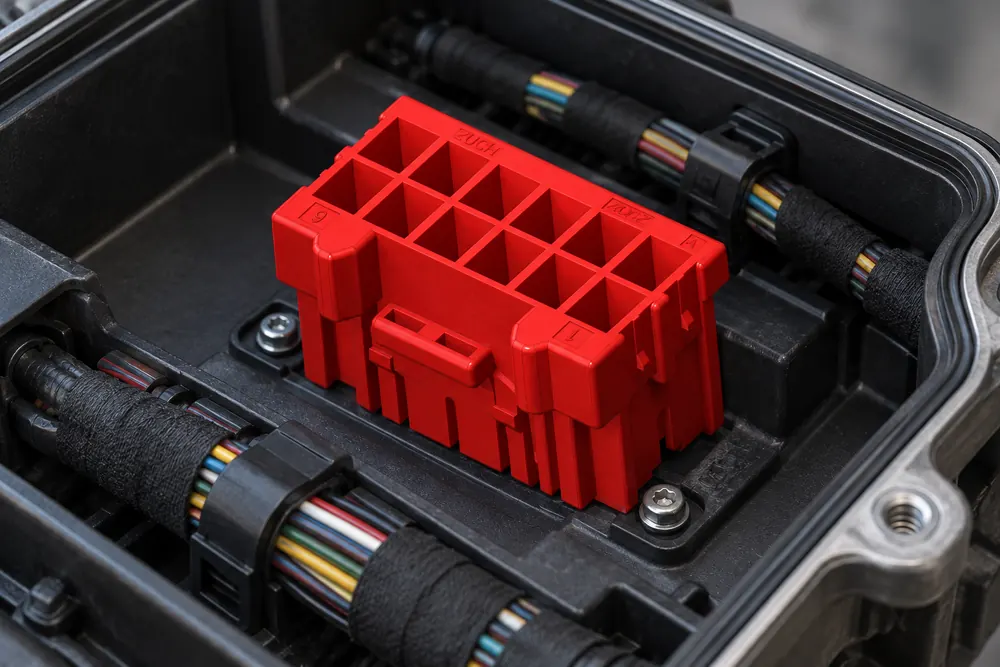ZUCH 15 pin automotive connector in a sealed vehicle electronics area with organized wiring
