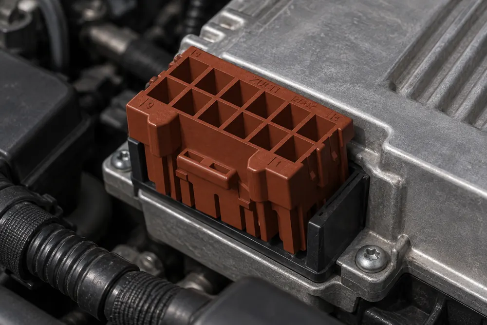 ZUCH 16 pin automotive connector mounted in a metal vehicle electronics housing