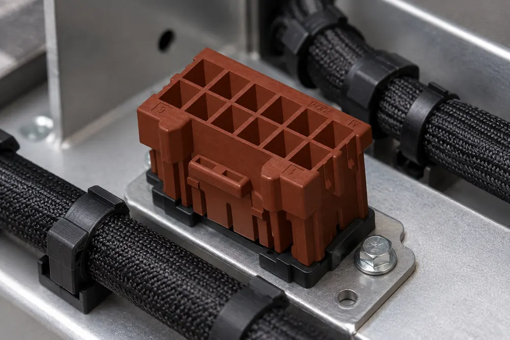 ZUCH 16 pin automotive connector seated on a harness mounting plate with protected cable routing