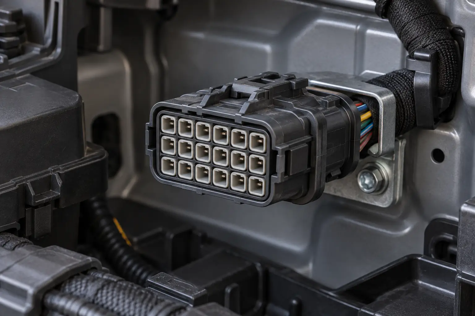 18-pin automotive connector shown with vehicle harness routing and service clearance