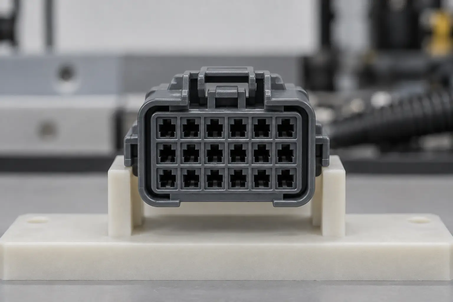 18-pin automotive connector positioned for cavity layout inspection before harness approval