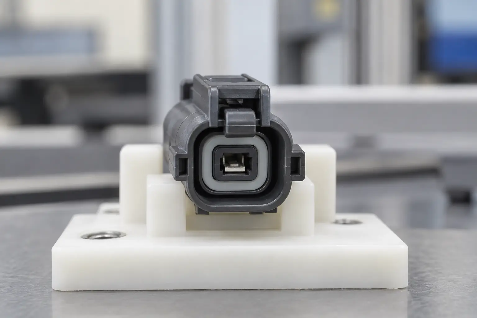 1-pin automotive connector positioned for single-cavity housing inspection before harness approval