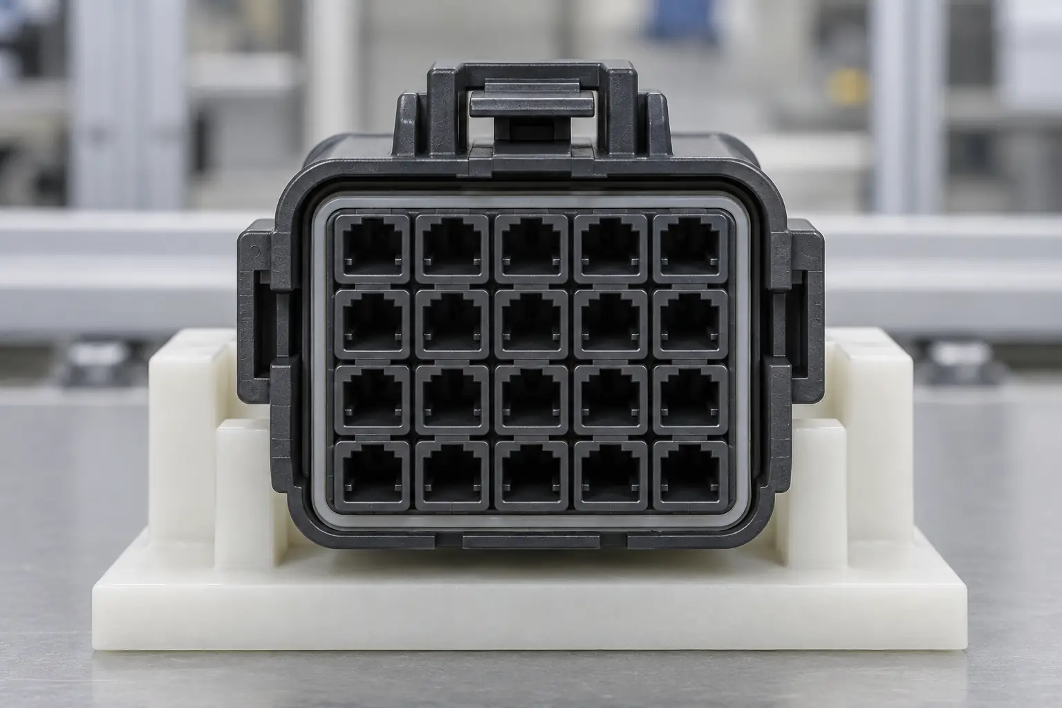 20-pin automotive connector positioned for 20-cavity layout inspection before harness approval