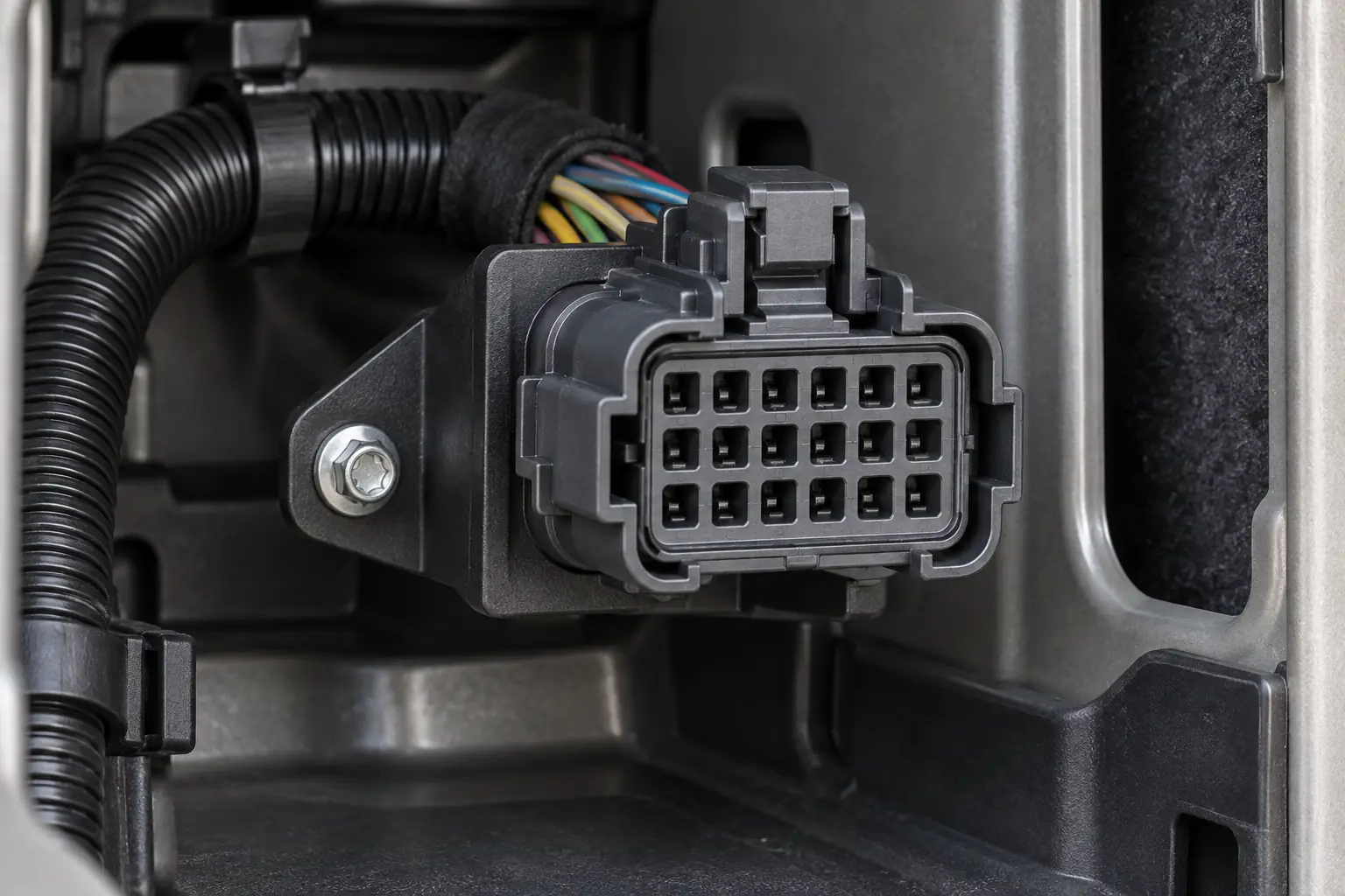 24-pin automotive connector shown with protected harness routing and service clearance