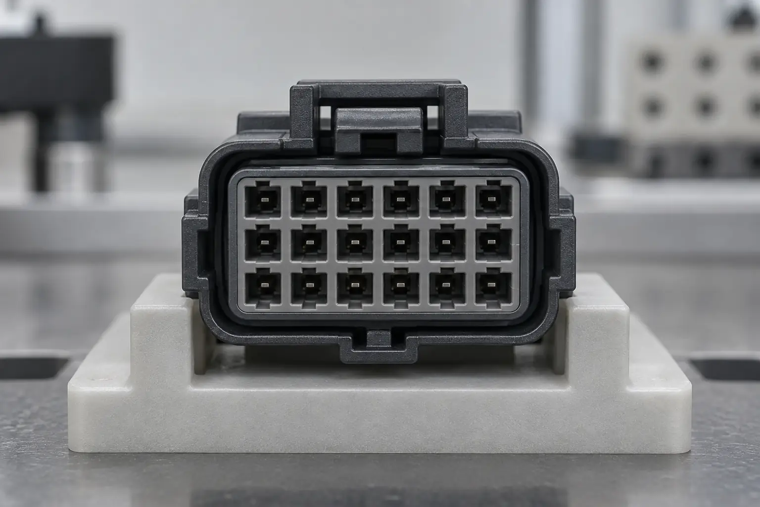 24-pin automotive connector positioned for 24-cavity keying inspection before harness approval