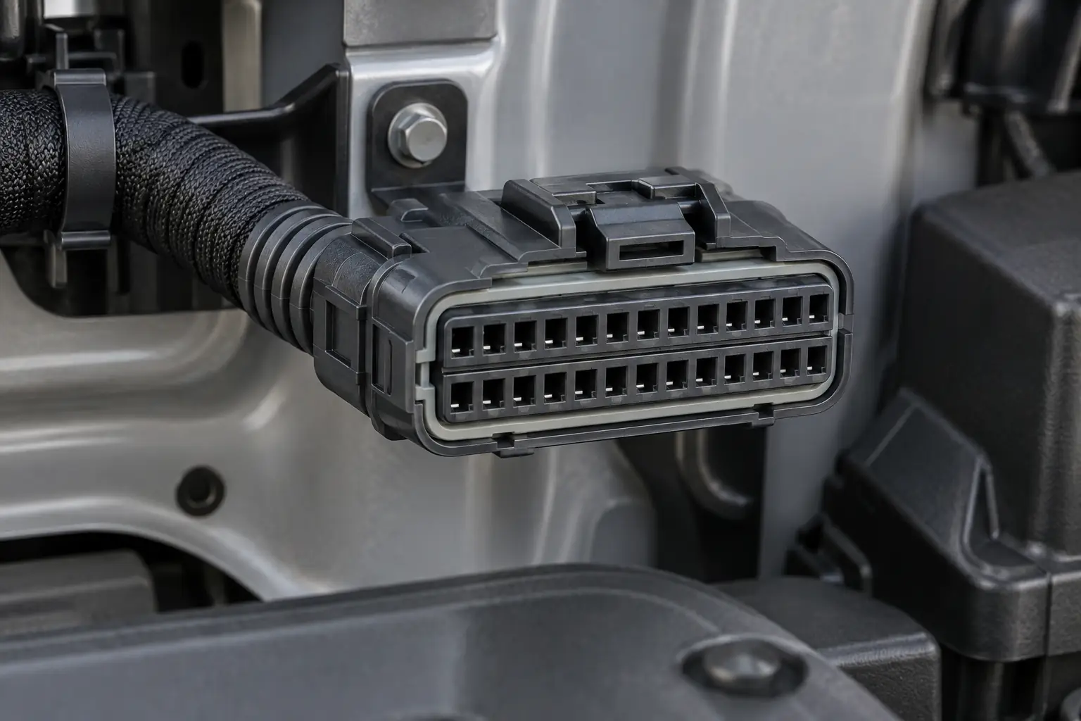 26-pin automotive connector shown with high-circuit-count harness routing and service clearance