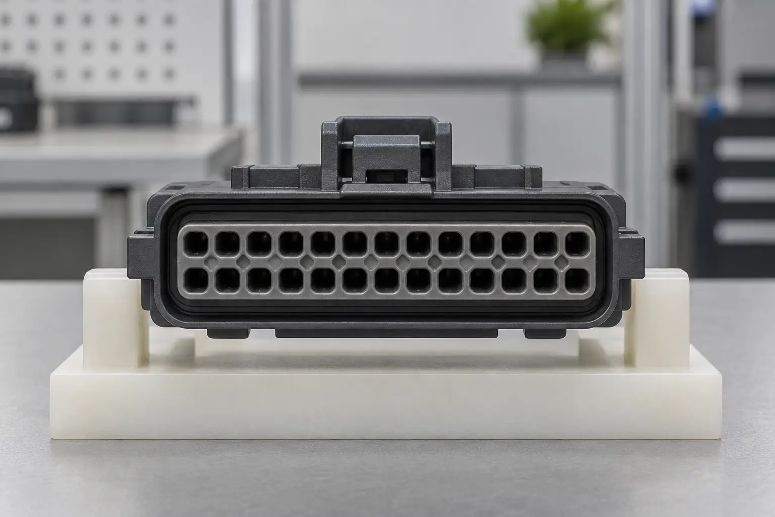 26-pin automotive connector positioned for 26-cavity lock and layout inspection before harness approval