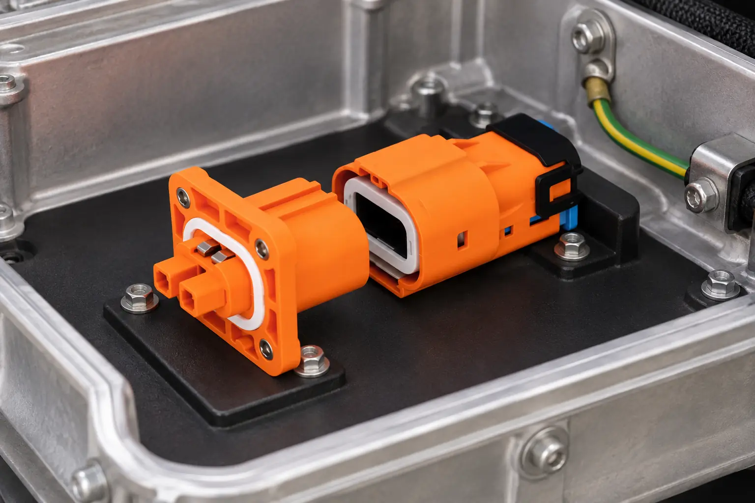 ZUCH two-pin high-voltage automotive connector pair shown with protected power-module enclosure and service clearance