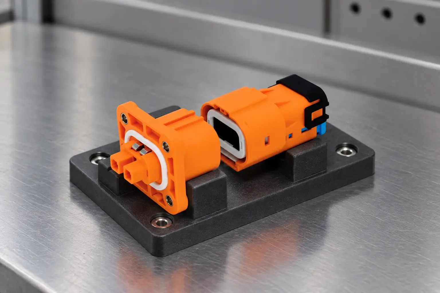 ZUCH two-pin high-voltage automotive connector pair positioned for housing and seal inspection before harness approval