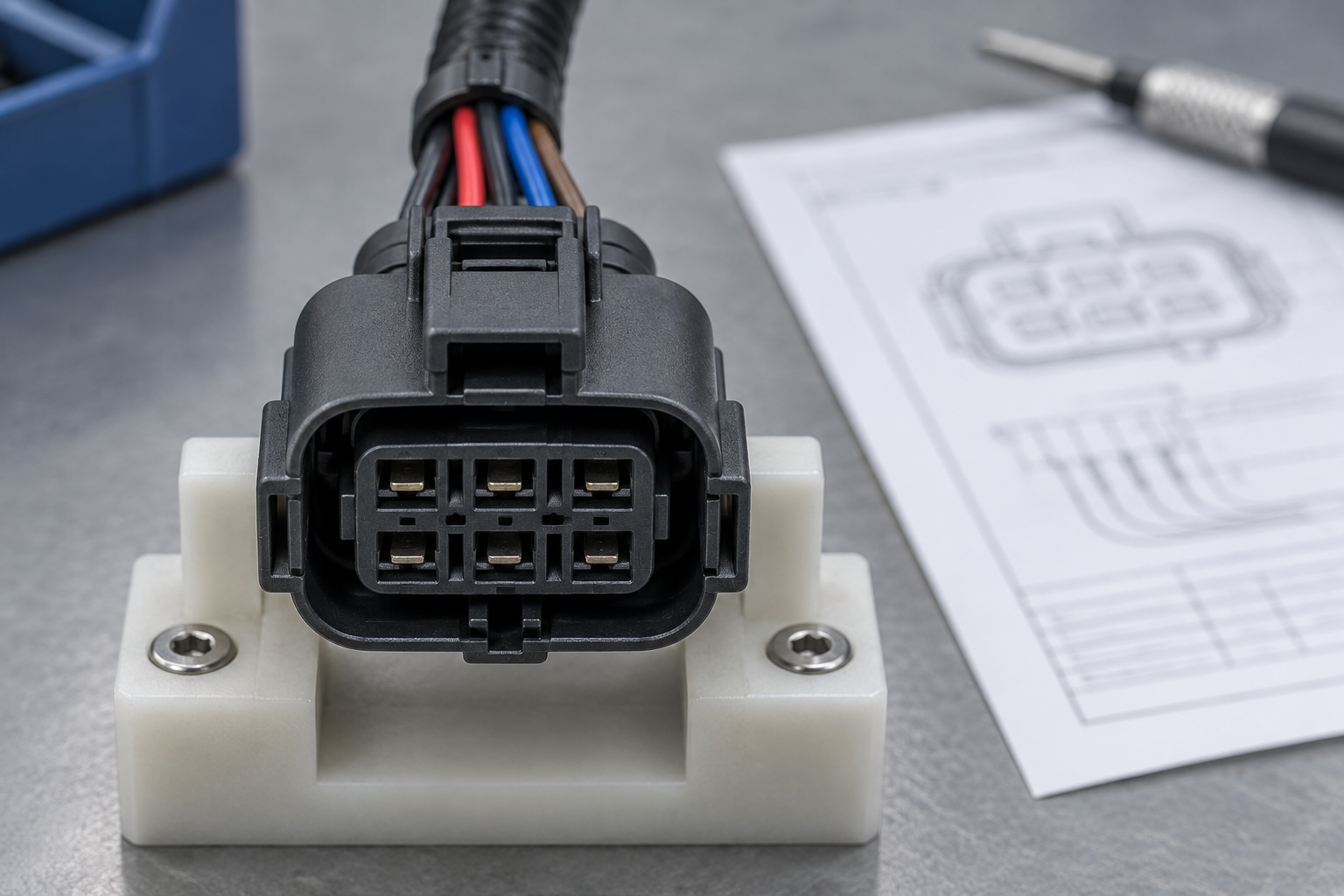 Generic automotive connector positioned for mating-face orientation and cavity-number review