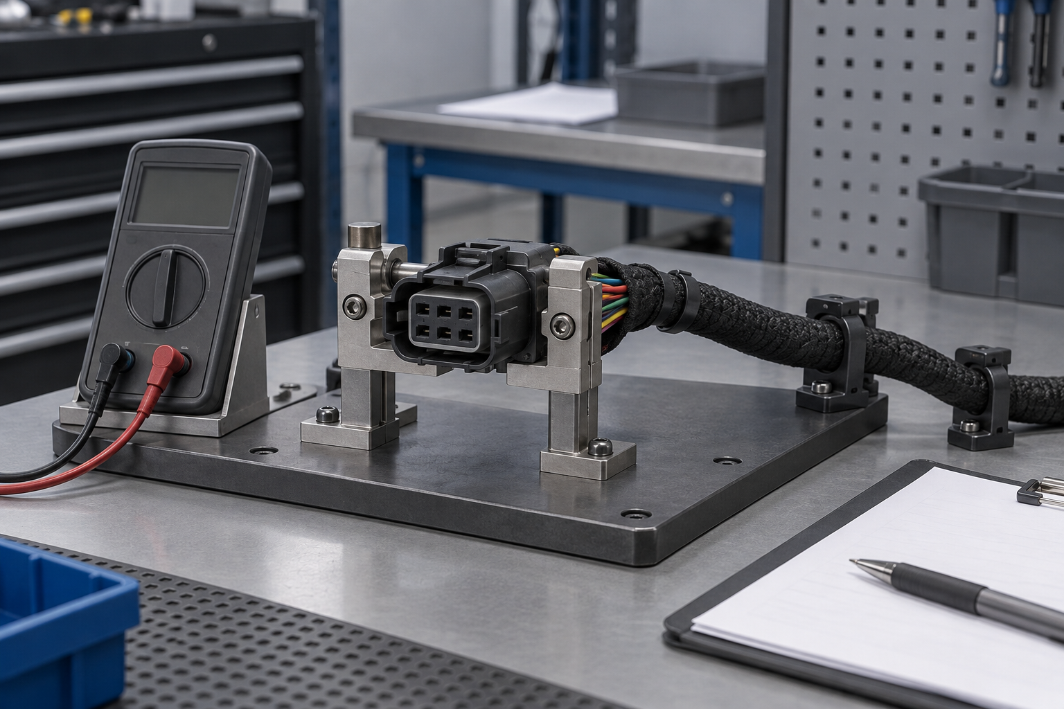 Generic automotive connector secured in a continuity-check fixture for safe pinout verification