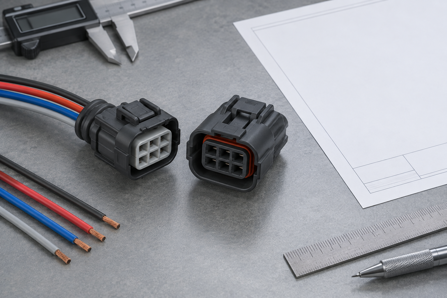 Generic connector pair, wire samples, and drawing sheet prepared for RFQ specification review