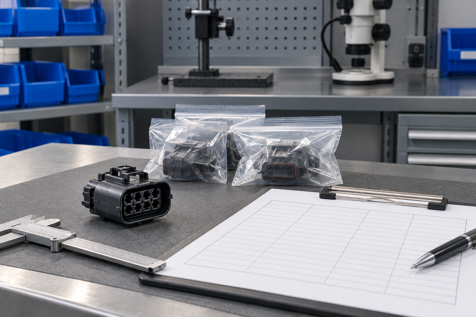 Automotive connector sample and inspection records arranged for supplier qualification review