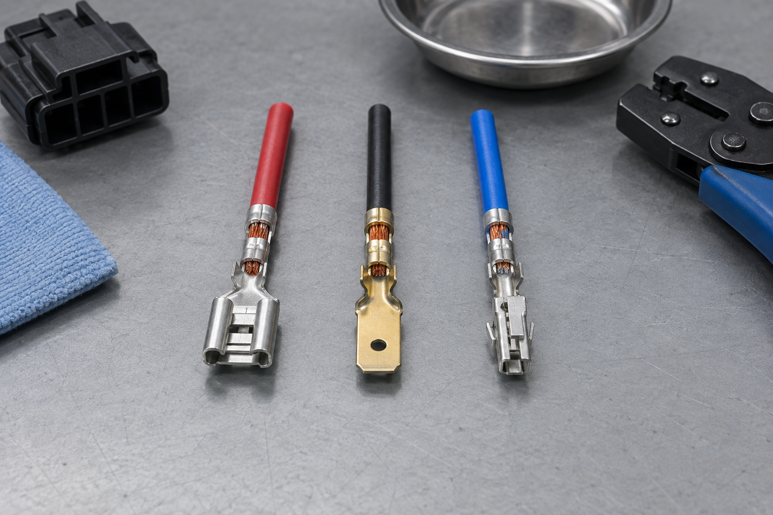 Different generic automotive terminal forms and wire samples separated for compatibility comparison