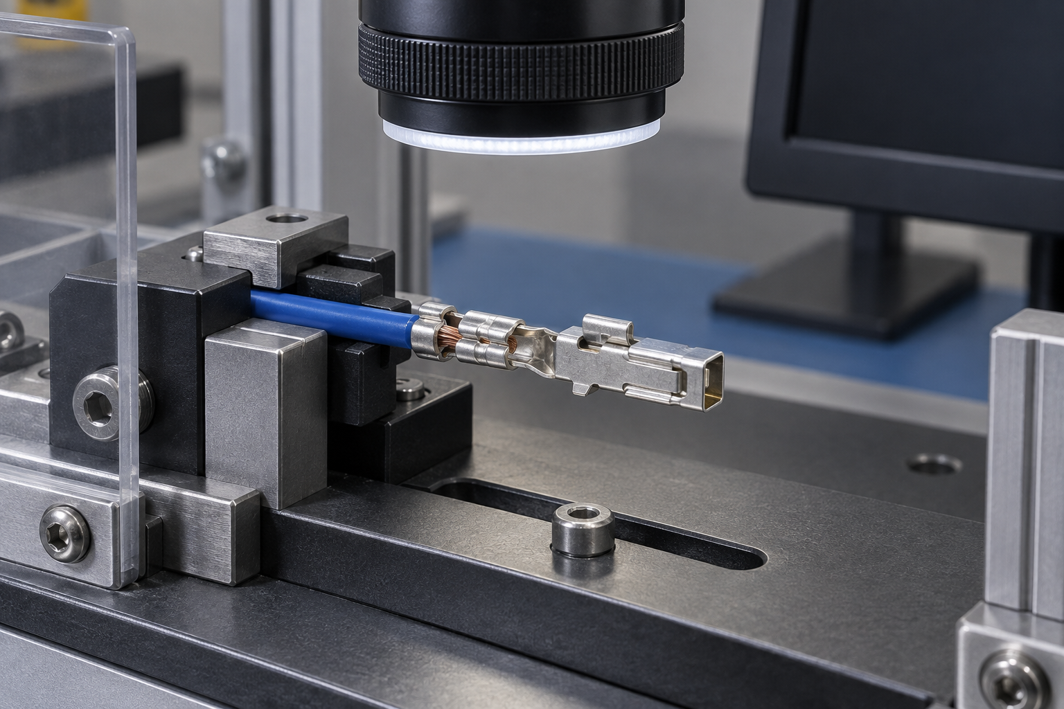 Crimped automotive terminal secured under an optical camera for process inspection