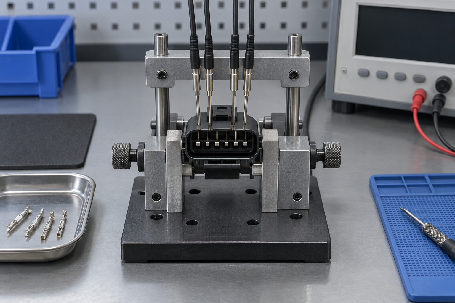 Automotive connector and terminals secured for continuity and contact-resistance checks