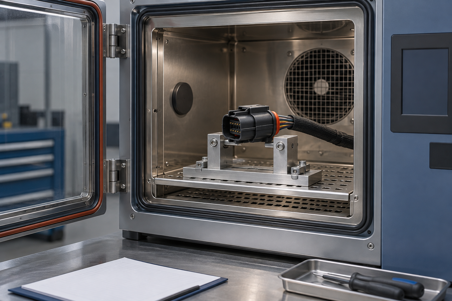 Automotive connector specimen positioned in an environmental chamber before validation testing