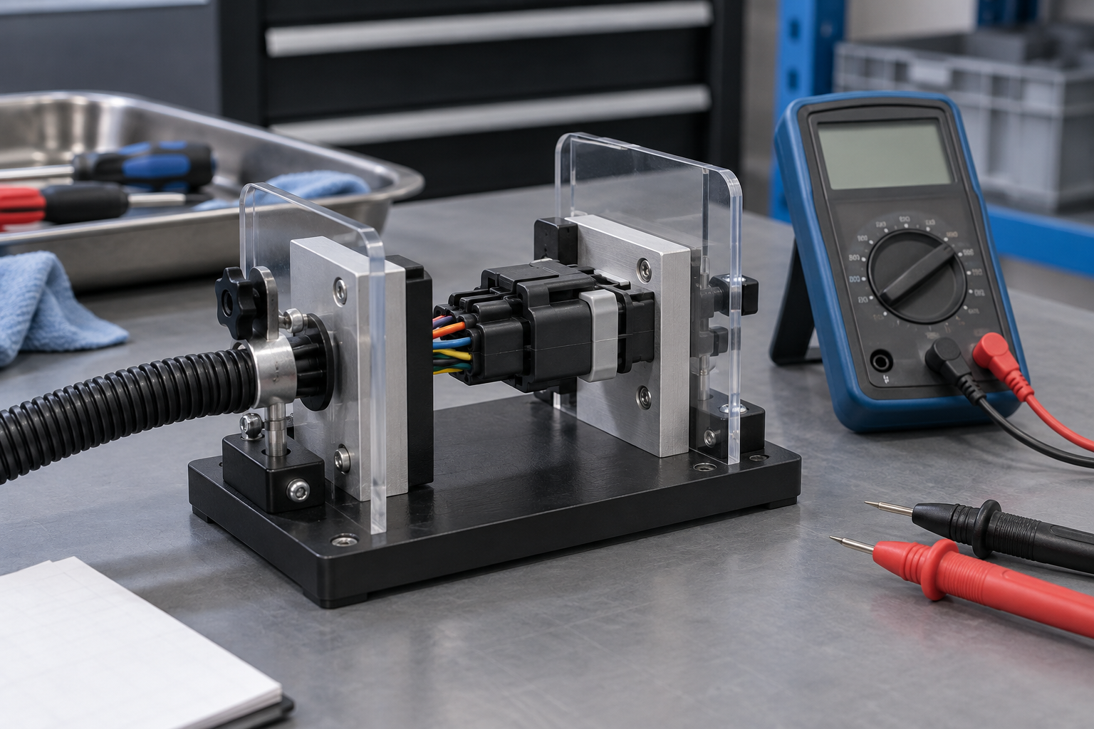 Repaired automotive connector secured in a harness fixture for continuity verification