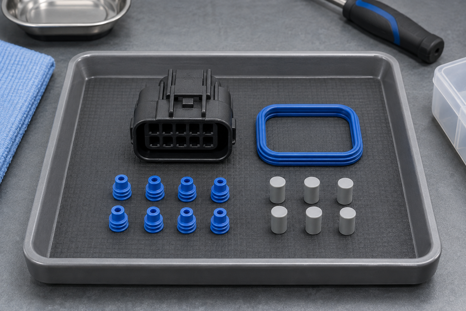 Automotive wire seals, interface seal, cavity plugs, and connector housing arranged for comparison