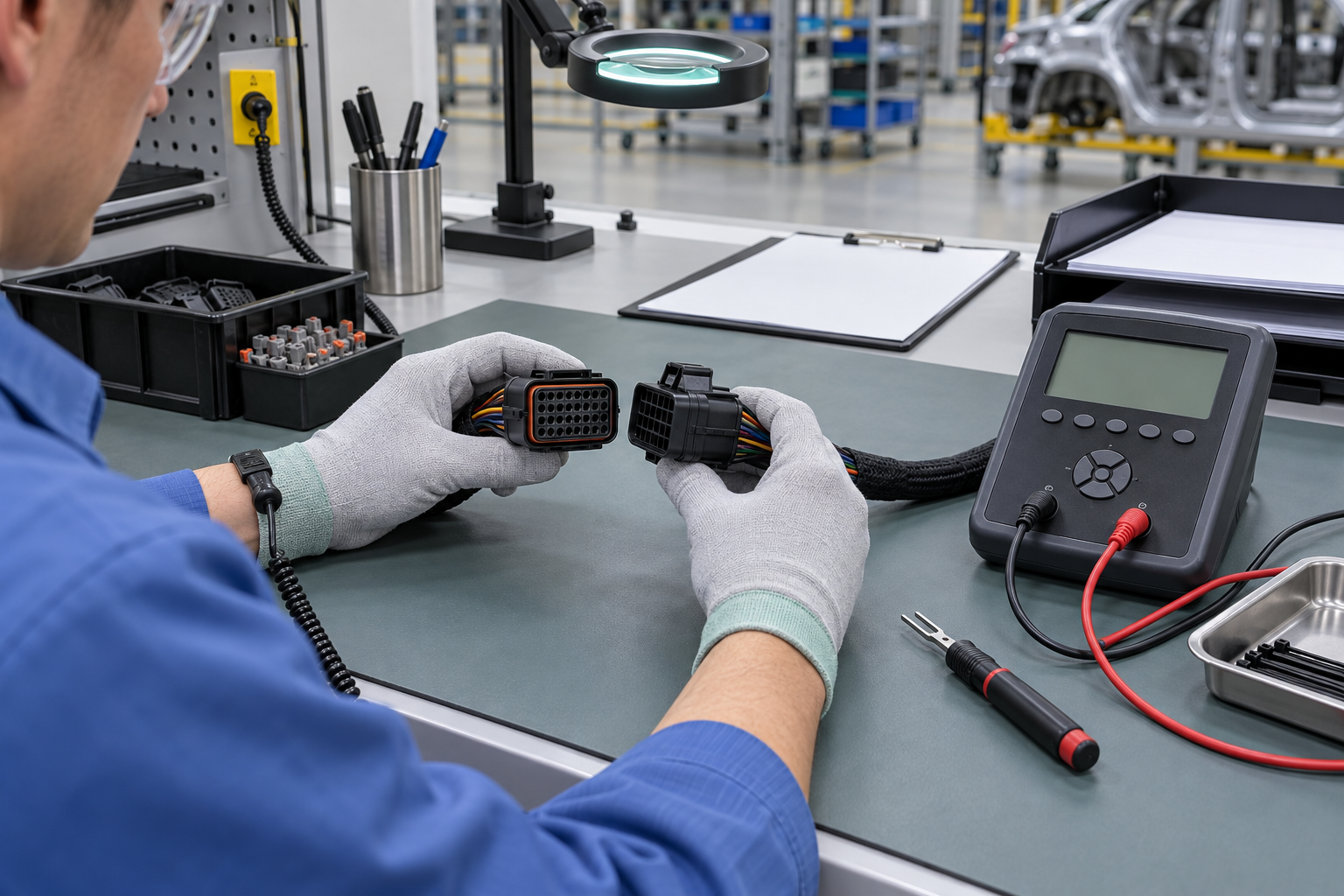 Technician matching a generic multi-cavity automotive connector pair before electrical verification