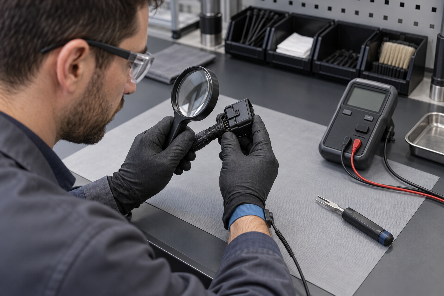 Technician inspecting connector housing condition, harness strain relief and service access at a workbench