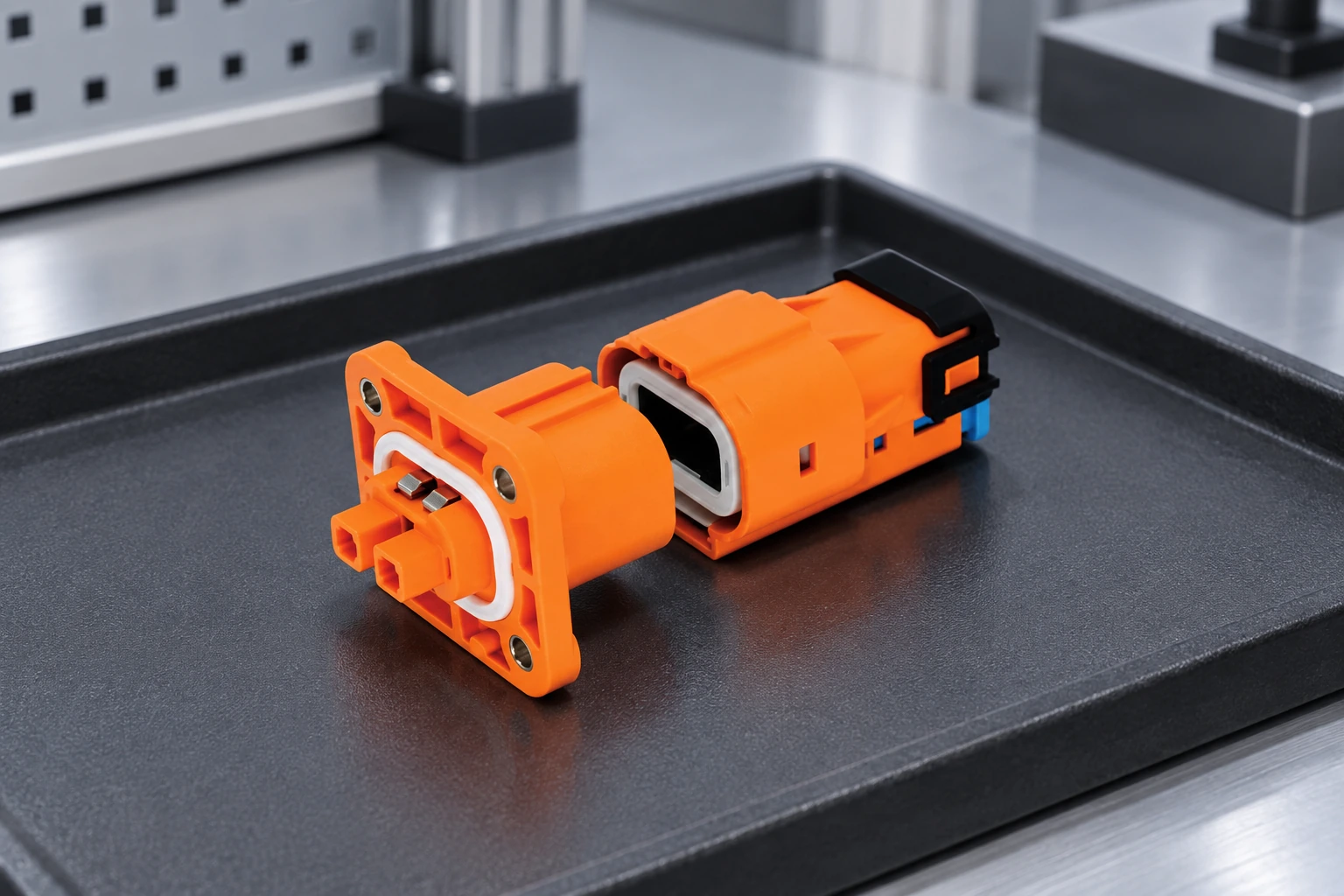 Two-pin automotive connector halves positioned on an insulated tray for damage inspection