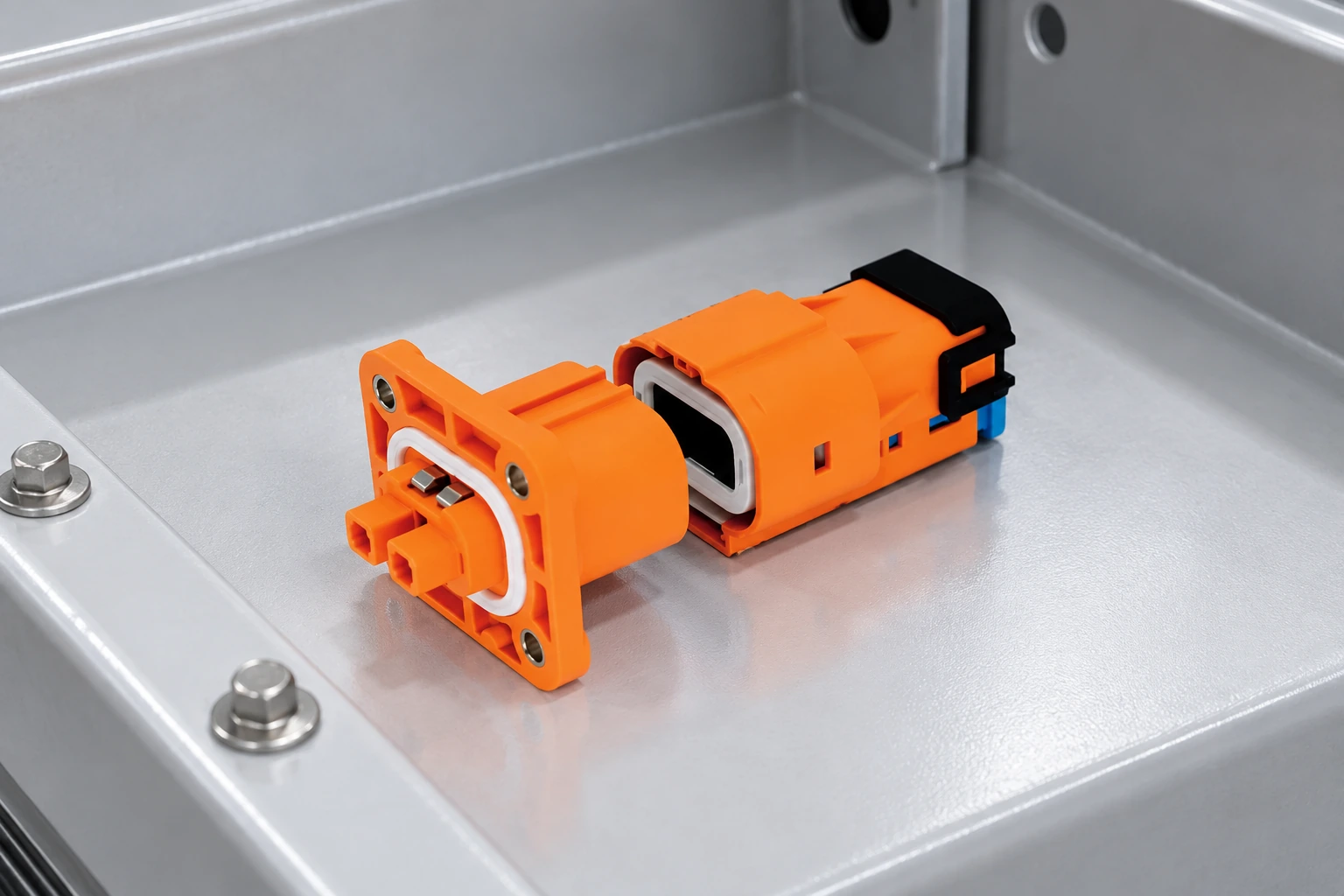 Unmated two-pin automotive connector pair with clear service access for disconnection