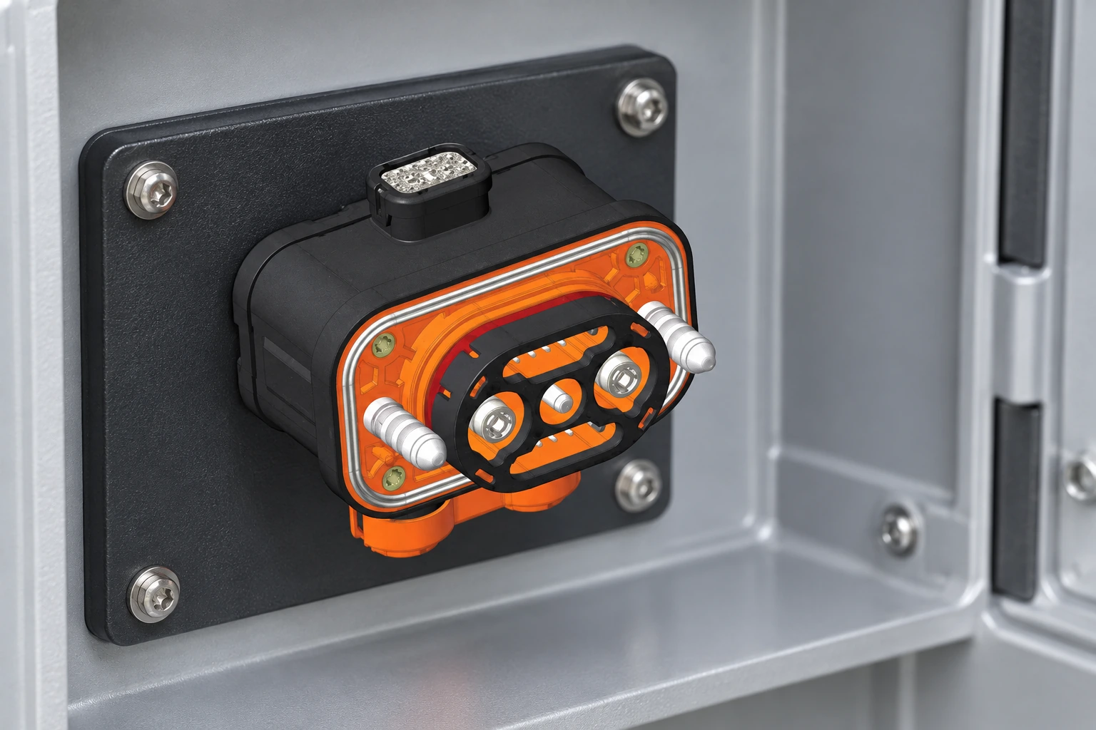 HD 02X automotive connector installed with service clearance in a power enclosure