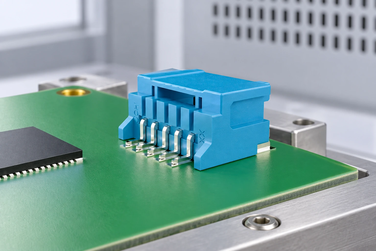 Blue PCB connector on its circuit board with open airflow and thermal inspection clearance