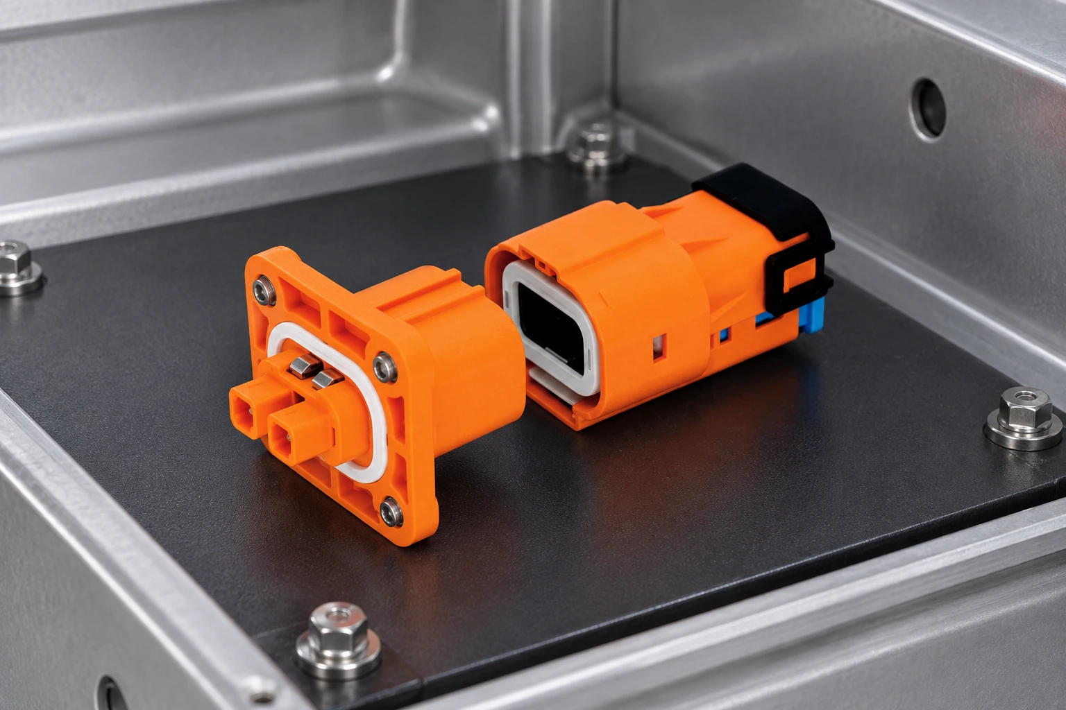 Two-pin high-voltage power connector pair shown inside an industrial power-module enclosure