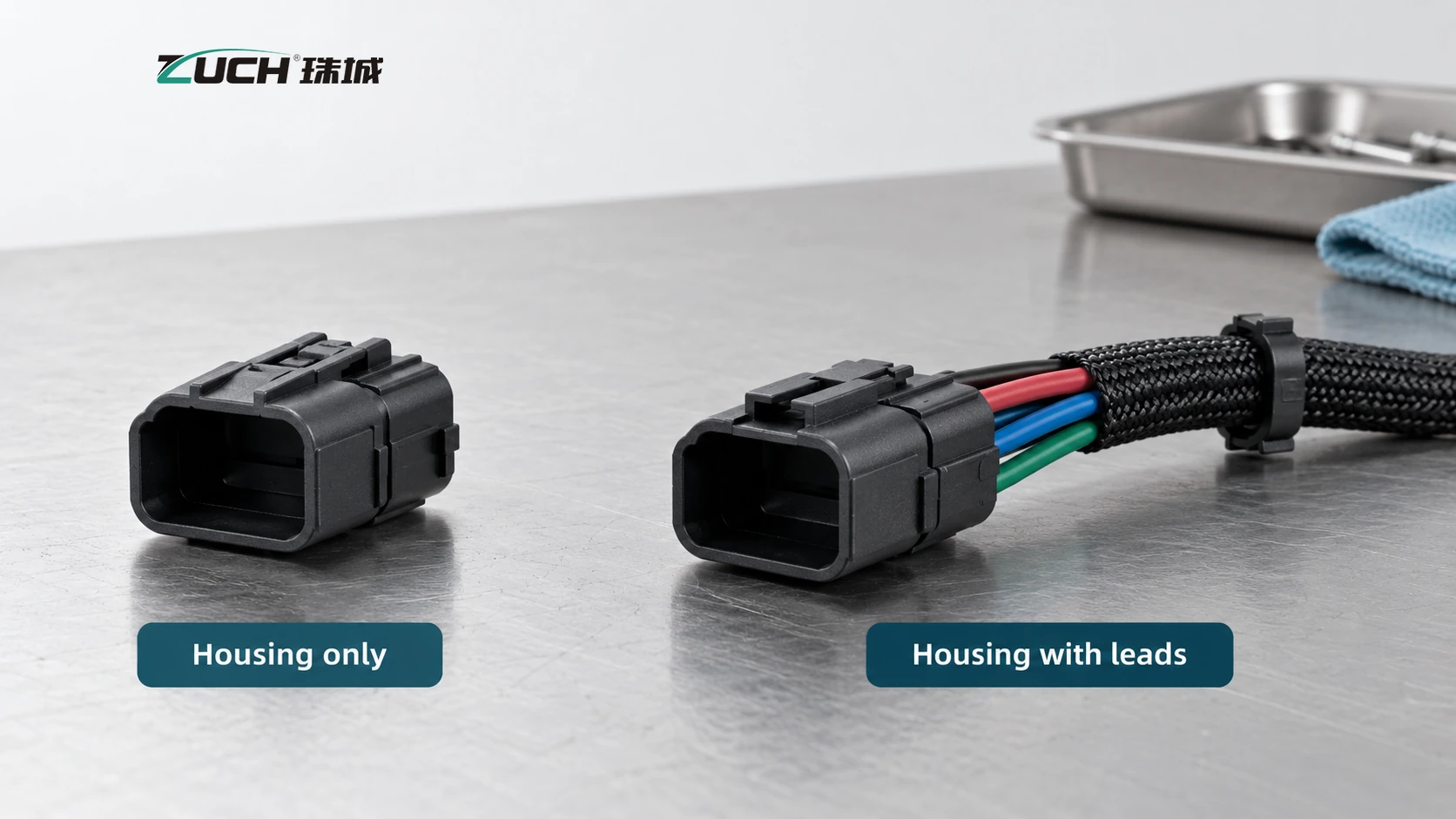 Generic housing-only and connector-with-leads examples comparing two repair scopes