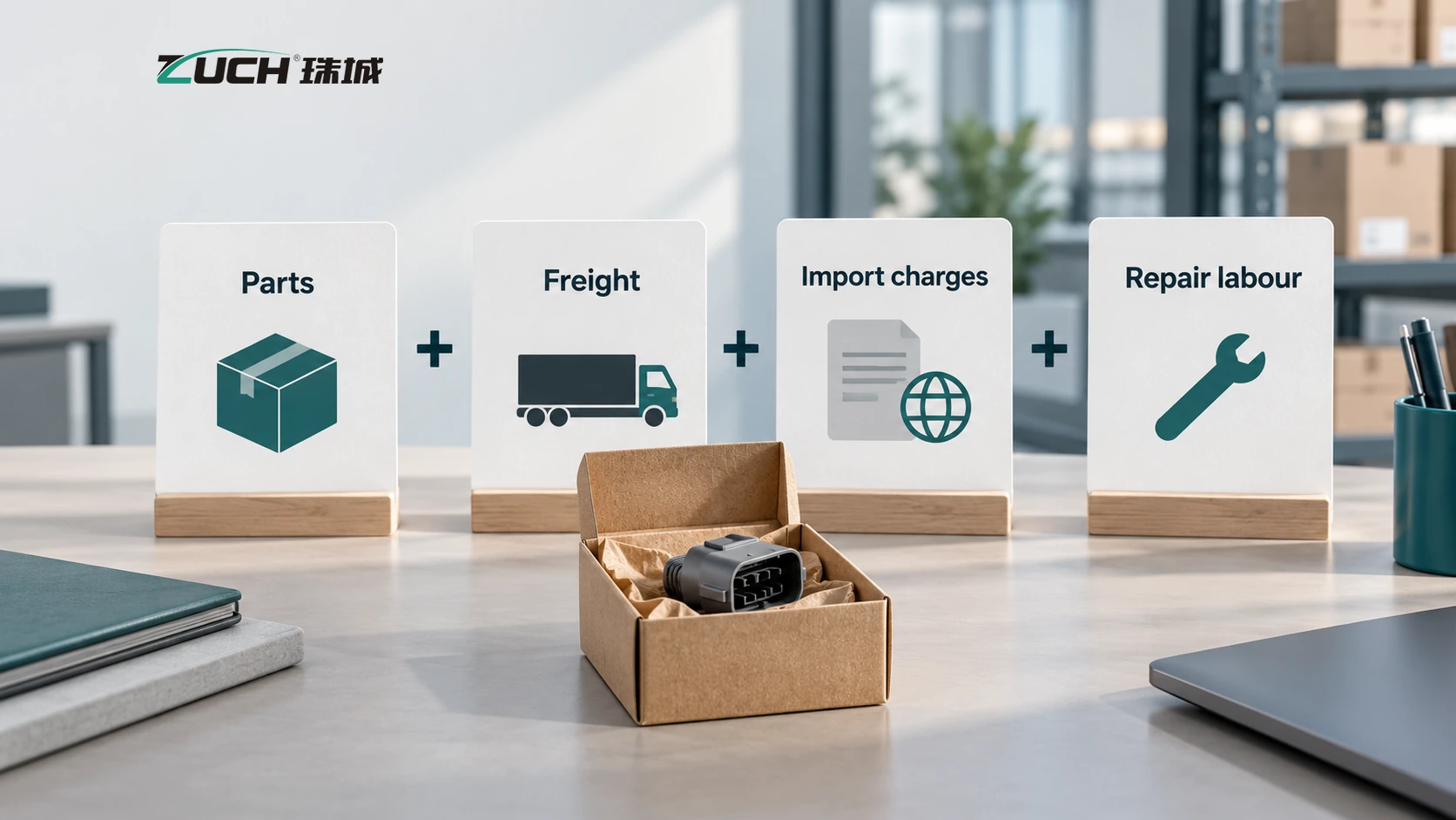 Parts, freight, import charges and repair labour shown as components of a connector purchase cost