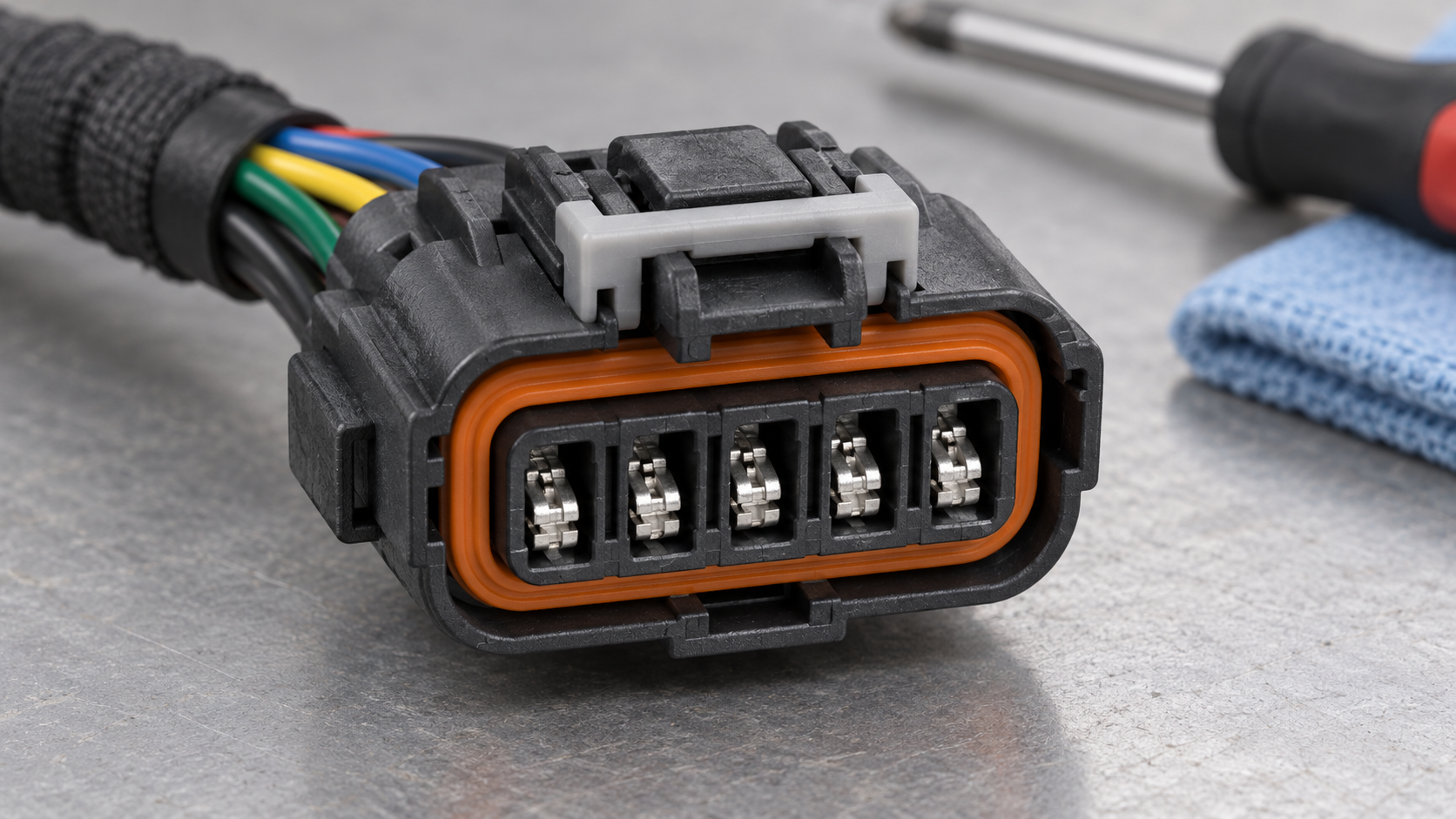5-pin automotive connector terminal seating seal and latch detail