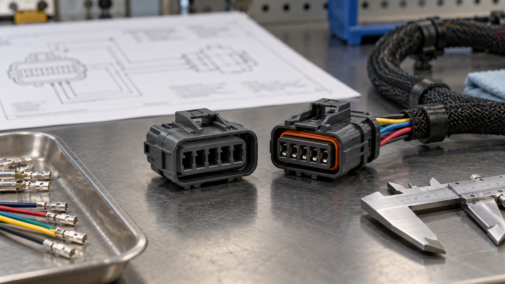 5-pin automotive connector mating and cavity verification on an inspection bench