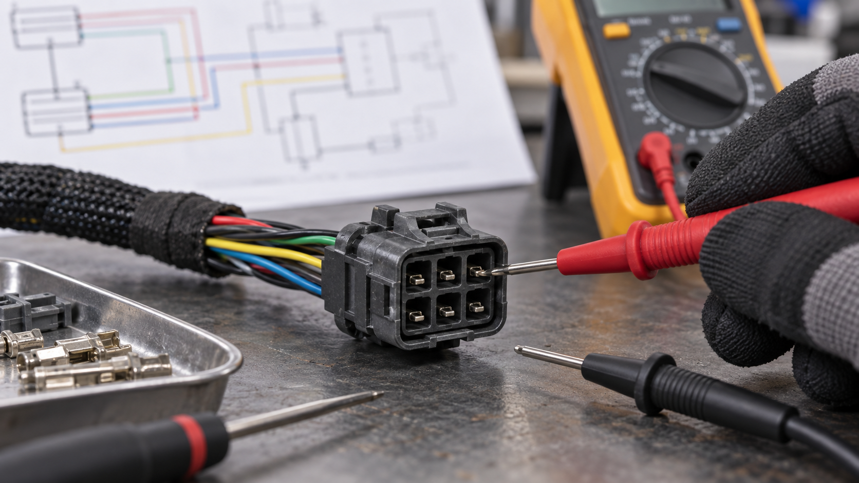 6-wire automotive connector continuity inspection with a multimeter