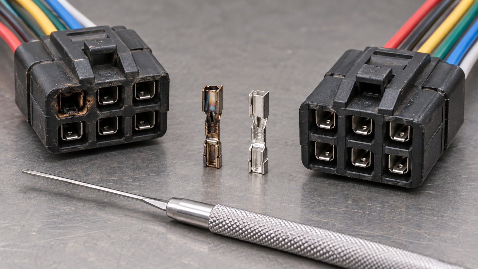 6-wire automotive connector terminal repair inspection