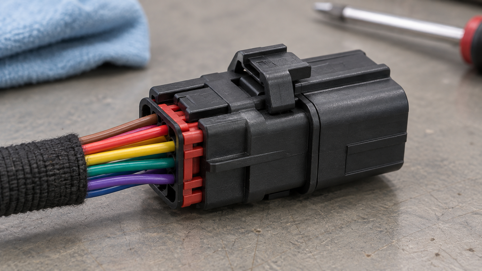 7-pin automotive connector terminal retention and latch detail
