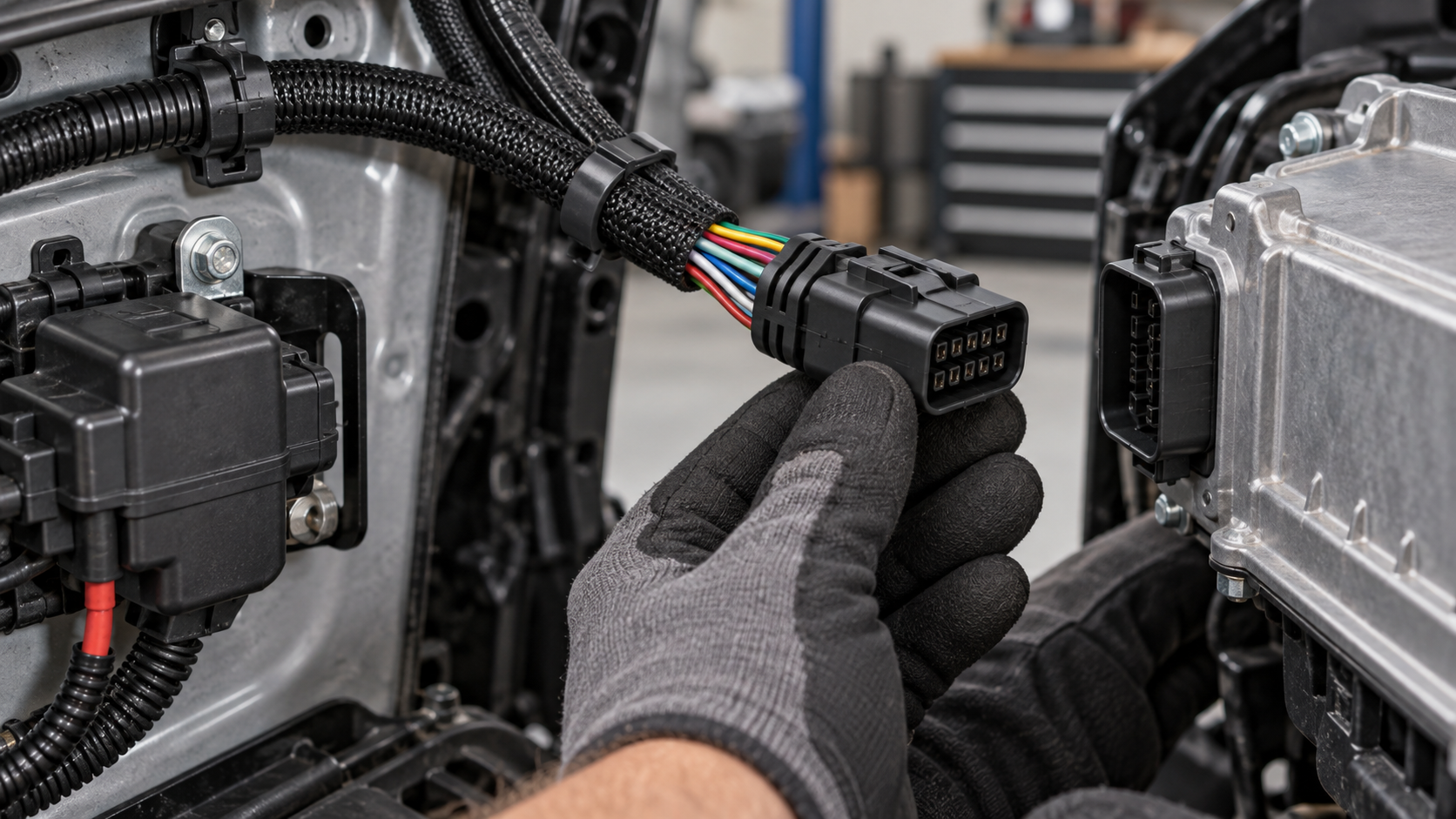 7-pin automotive connector harness routing and service clearance