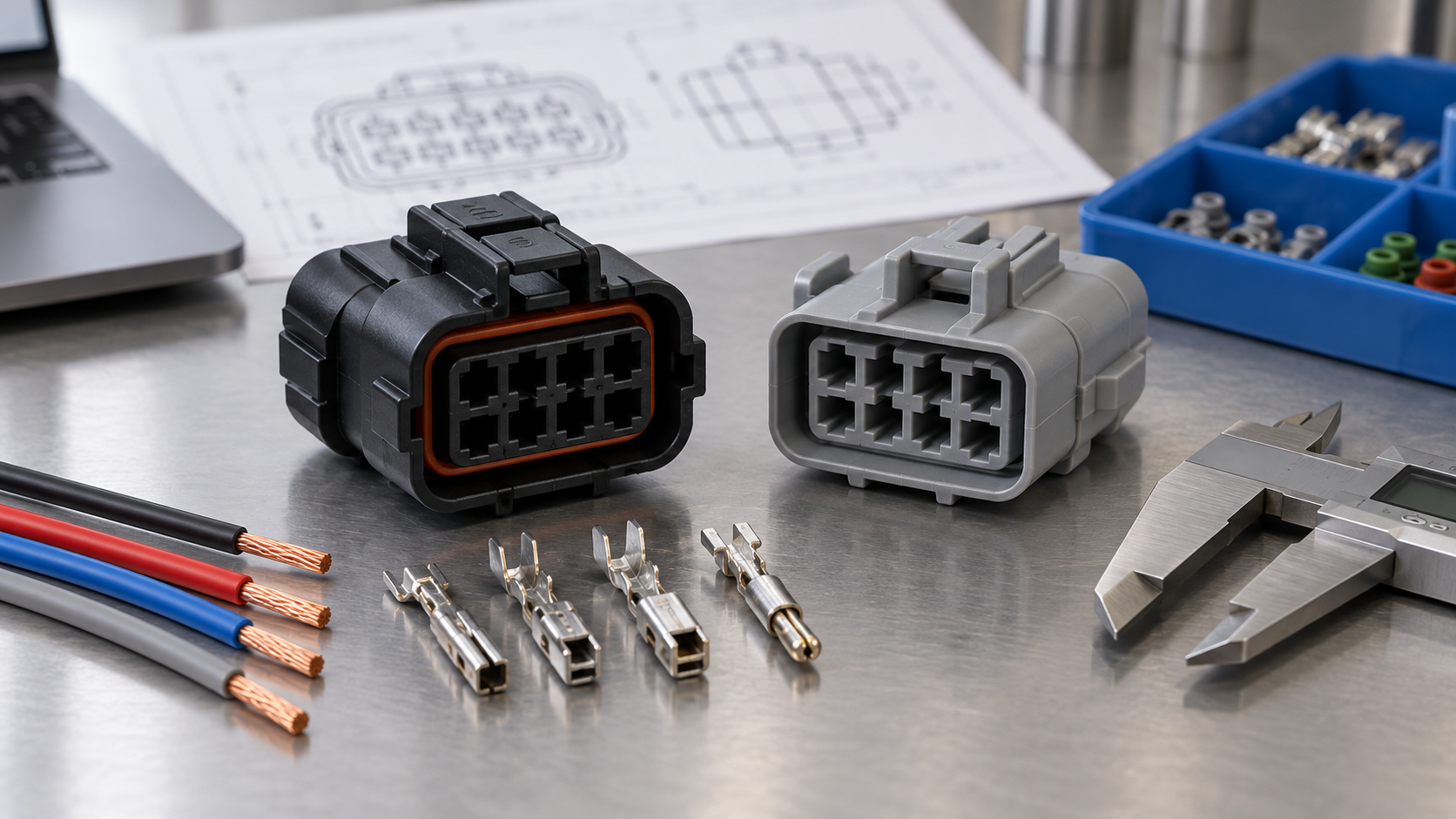 8-pin automotive connector selection checks on an engineering bench