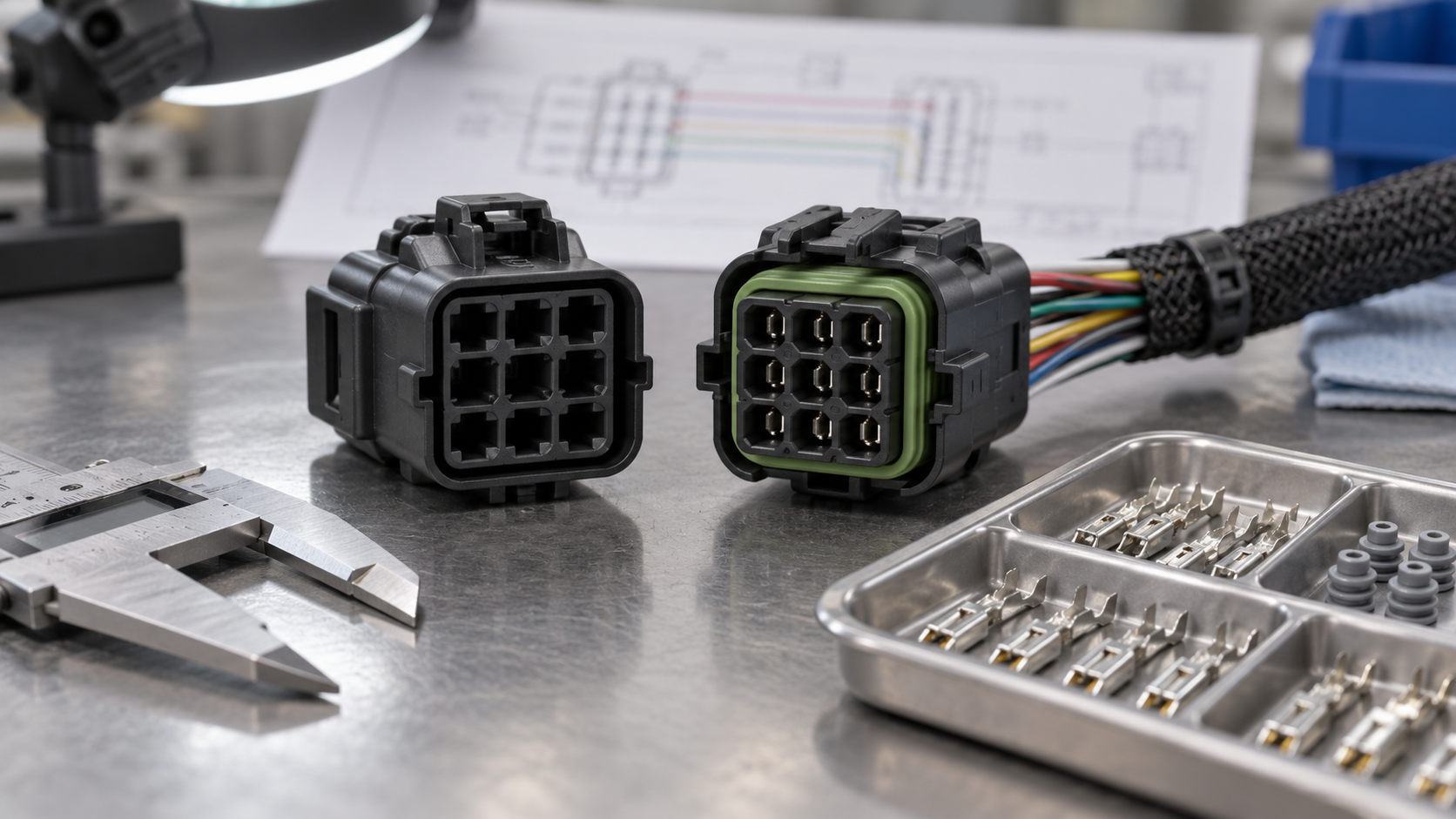 9-pin automotive connector cavity keying and terminal verification