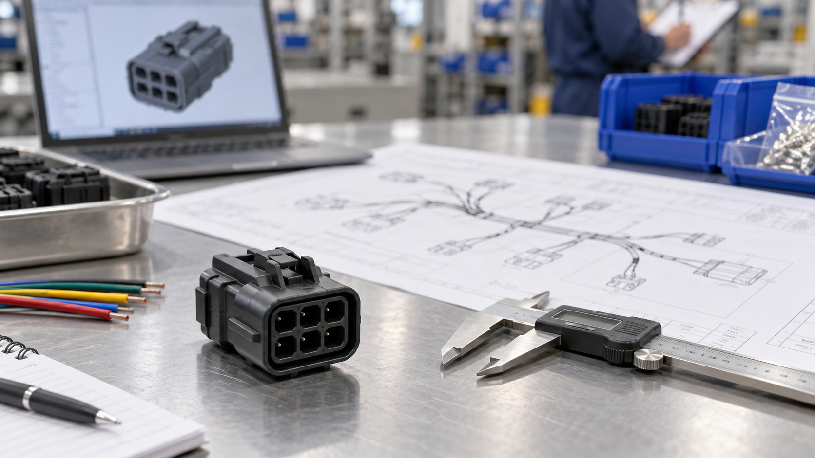 Six-pin automotive connector sample prepared for mating, retention, and continuity verification