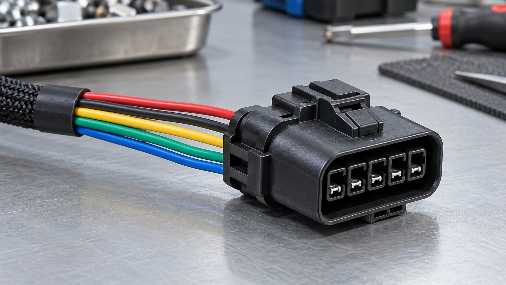 Five-row circuit matrix linking automotive connector cavities to wires, terminals, seals, and functions