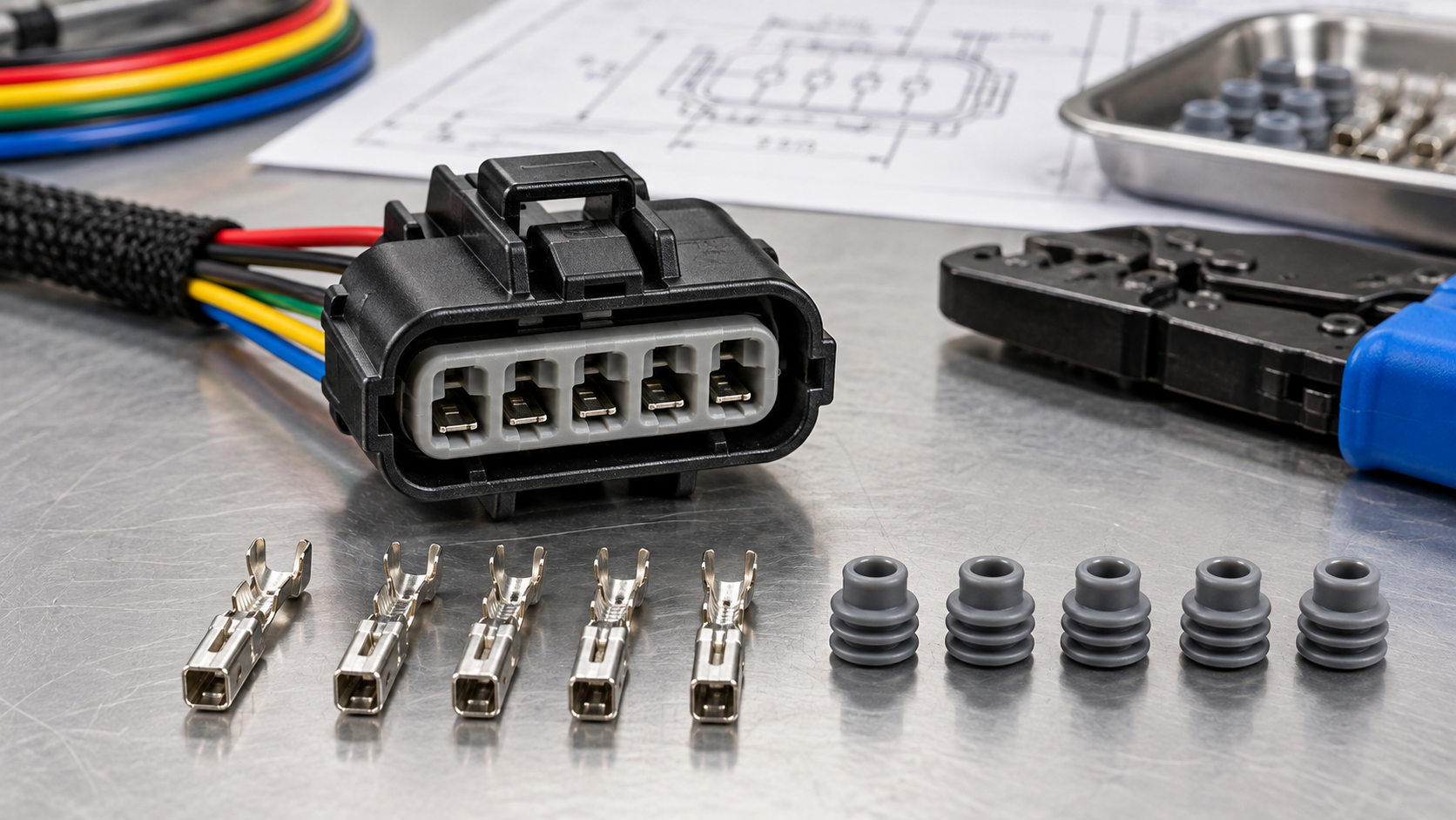 5-wire automotive connector sample undergoing fit, retention, and continuity checks
